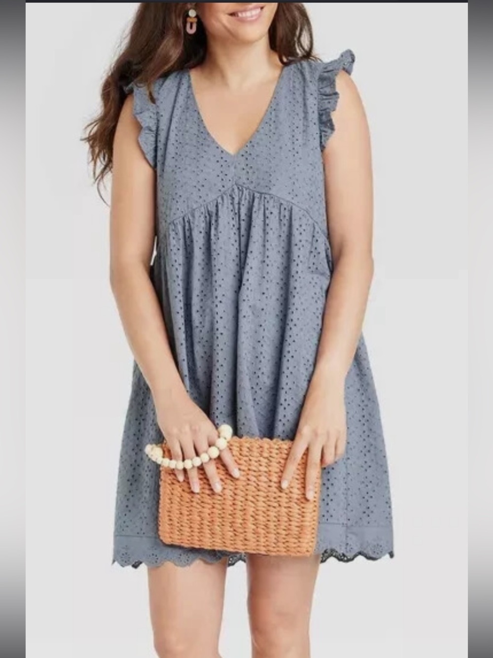 Knox Rose, Large, Eyelet Dress in Dusty Blue with Embroidered Trim